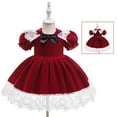 thumbnail image 2 of SuTry Girls Christmas Embroidery Long Sleeve Dress Bow Collar Holiday Party Puffed Dress Festive Performance Outfit for Kids 6 Months-3 Years(Red#4,6 Months), 2 of 9