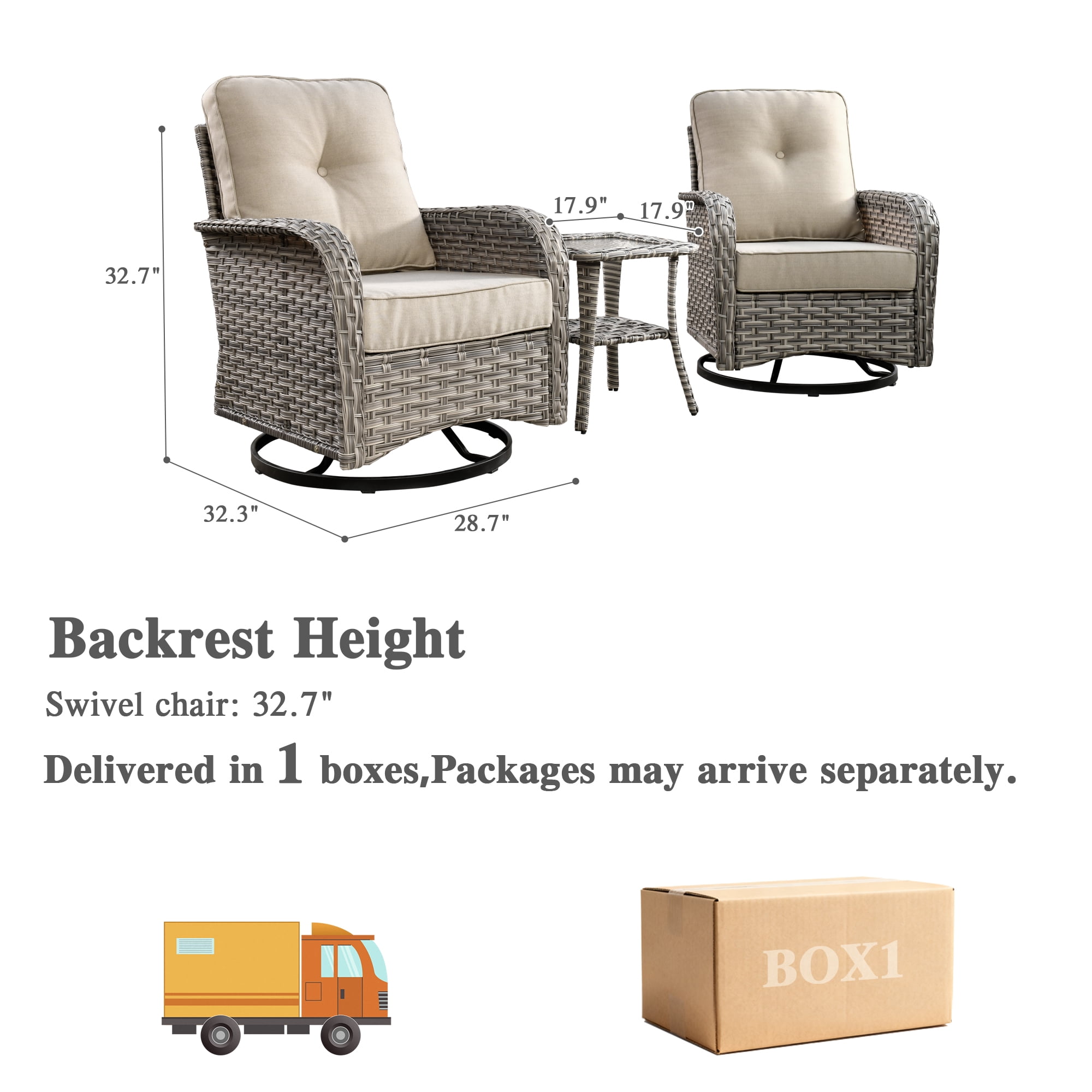 Ovios 3 Pieces Patio Furniture Set 2 Swivel Rocking Chairs Wicker Glider Chairs with Side Table for Backyard or Balcony