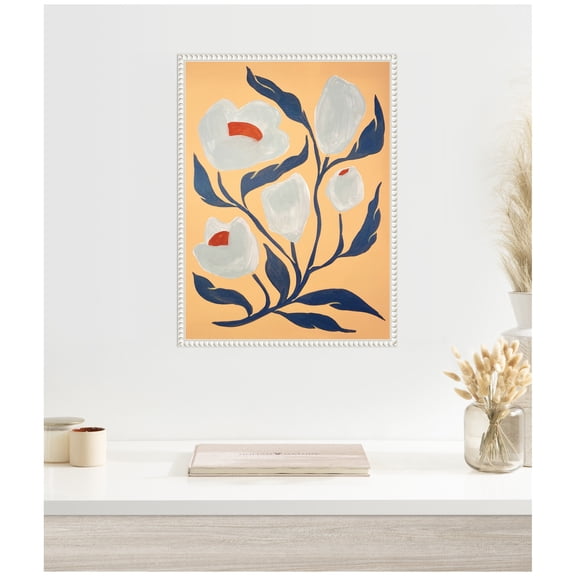 Kate and Laurel Gray Flower Framed Canvas Wall Art  by Emma Daisy 18 x 24 Sylvie Beaded White, Modern Contemporary, Abstract, Flowers Art for Wall Decor, Living Room Bedroom