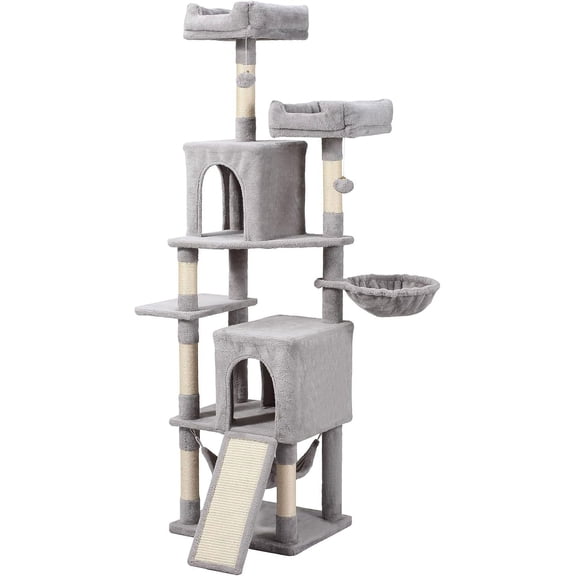 ZYPPP Cat Tree, 70-Inch Cat Tree Tower with Hammock, Scratching Post, Condo and Multi-Level Cat Tower, Large Cat Activity Center Playhouse, Light Gray