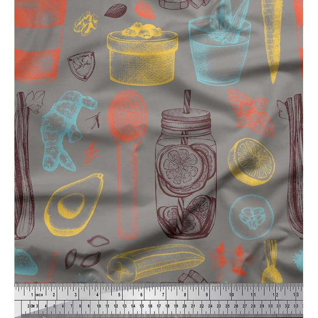 Soimoi Silk Fabric Vegetables,Jar & Cups Print Sewing Fabric Yard 42 Inch Wide
