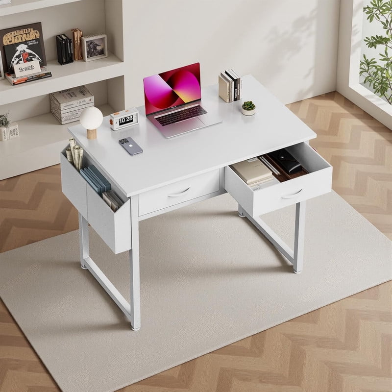 Kelno 32 Inch Computer Desk with 2 Fabric Drawer Storage Bag Iron Headphone Hook Vanity Writing Table, White