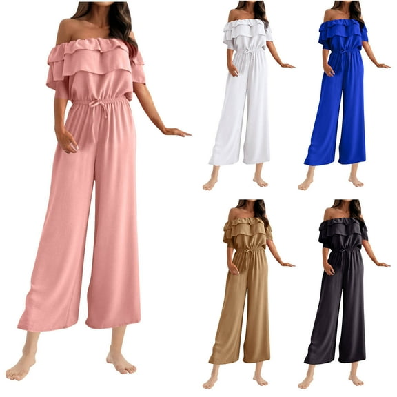 UTSJKR Women's Off Shoulder Jumpsuit Wide Leg Summer Romper Loose Fit Drawstring Waist Short Sleeve Bohemian Beach Jumpsuit Blue M