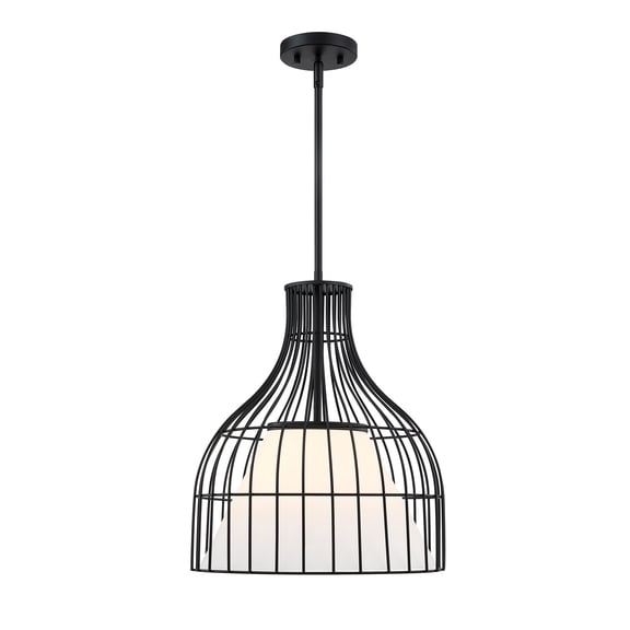 Evensong 60 Watt 1-Light Matte Black Bell Pendant with Etched Opal Glass Shade and Metal Outer Cage