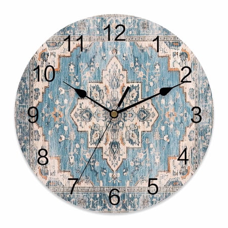12 Inch Blue Boho Wall Clock, Oriental Medallion Retro Distressed Bohemian Battery Operated Silent Non Ticking Clocks, Easy to Read Round Wall Clock for Kitchen/Living Room/Bedroom/Bathroom