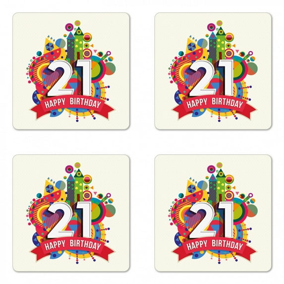 21st Birthday Coaster Set of 4, Colorful Design Happy Birthday Themed Image with Geometrical Castle Print, Square Hardboard Gloss Coasters, Standard Size, Multicolor, by Ambesonne