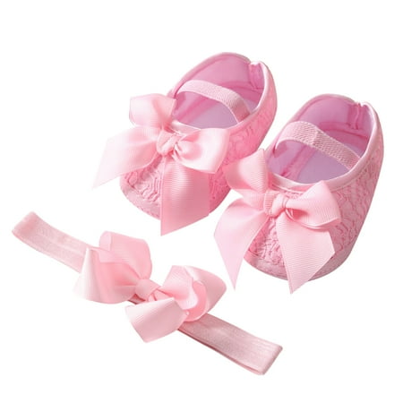 Baby Girl Satin Cloth Bowknot Princess Shoes+Headband Set  Toddler Soft Sole Walking Shoes Cute Crib Shoes Headband Set Soft  Lightweight and Anti-slip Sole Sneakers First Walkers  Pink L