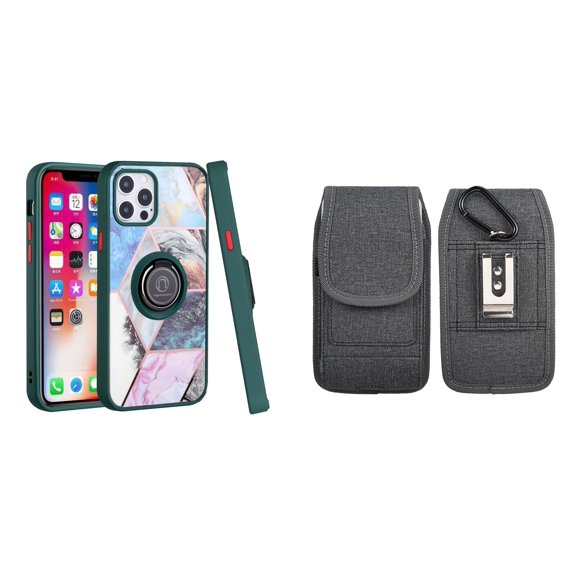 Bemz Ring Series Case for iPhone 14 Pro Max (TPU Silicone Cover with Magnetic Stand) and Vertical Nylon Fabric Belt Holster Pouch (Green on Galaxy Marble/Grey)