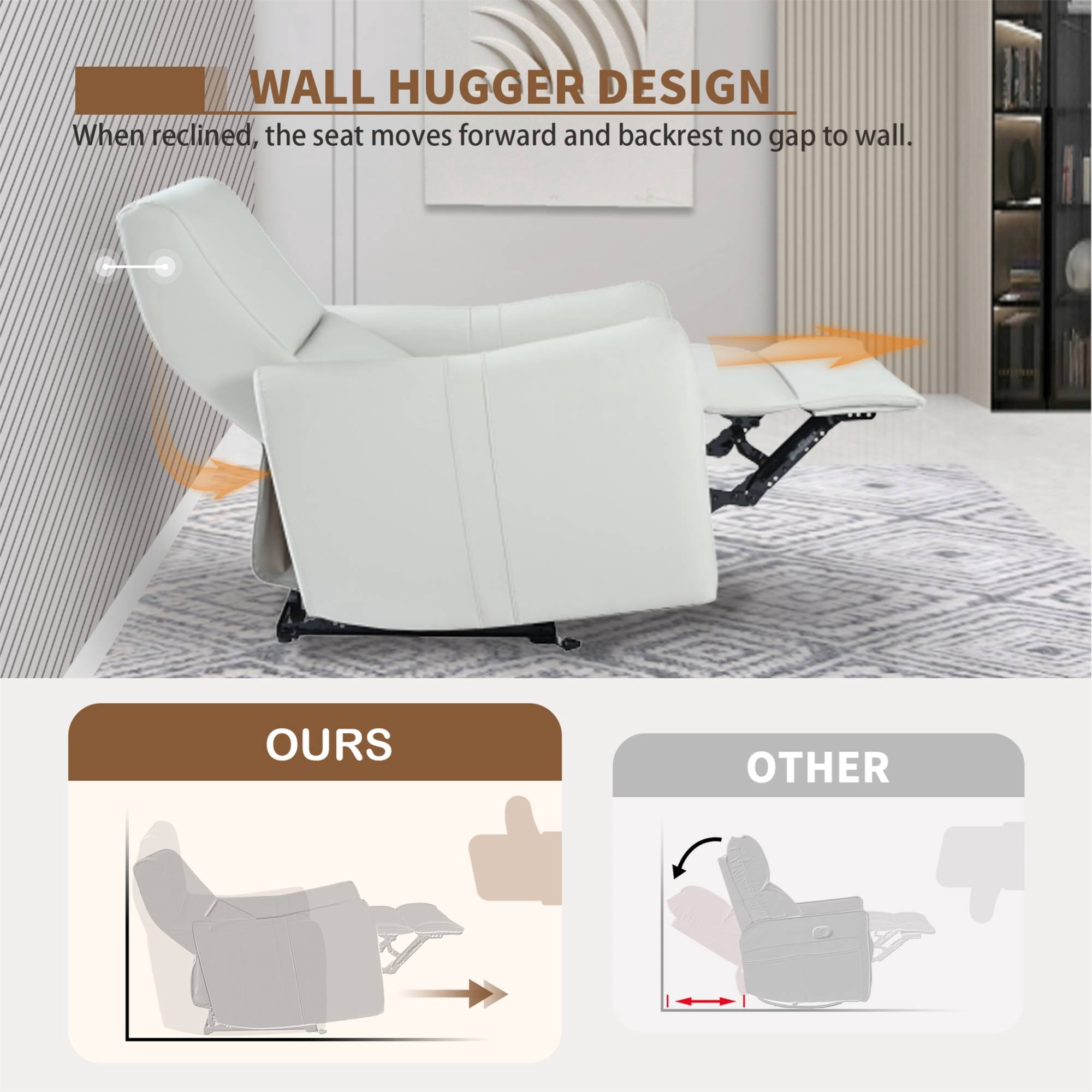 Power Recliner Chairs, Zero Wall Recliners for Adults, Small Leather Recliner Home Theater with Type-C Charger for Living Room, Light Grey