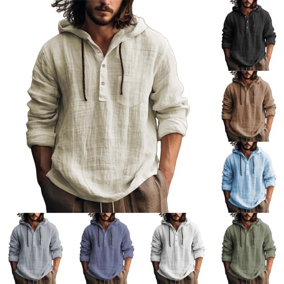 Men’s Hooded Long Sleeve Cotton Linen Shirt Solid Color Casual Spring Autumn Top
