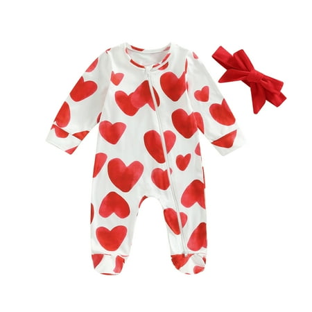 

sdghg 0-18M Valentines Days Baby Girls Boys Cute Romper Heart Printed Ruffles Long Sleeve Zipper Jumpsuit Hairband