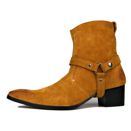 

OSSTONE Dress Boots Chelsea Designer Boots for Men Zipper-up Leather Casual Heel Shoes JY002-Yellow-Belt-7.5 Belt Suede Yellow