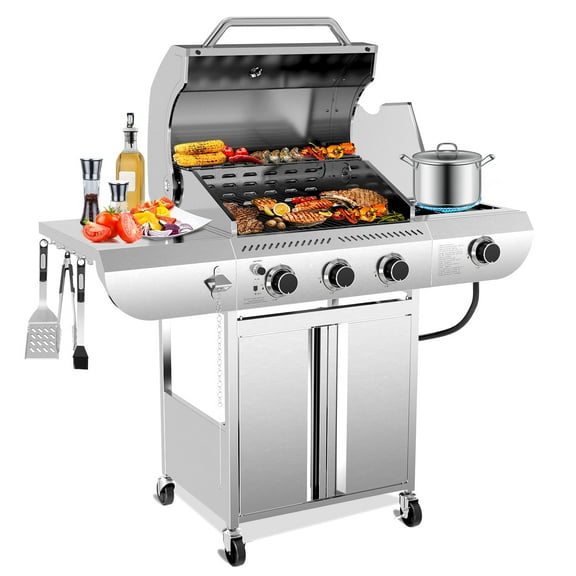 LHRIVER Stainless Steel BBQ Grill, 3 Burner Propane Gas Grill with Side Burner  for Outdoor Cooking Patio Backyard