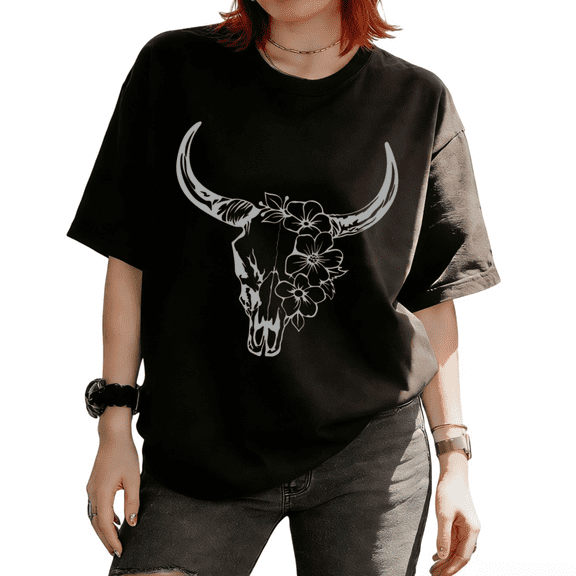 Cozymy Women's Floral Longhorn Skull Western Graphic softness Short Sleeve T-Shirt Versatile All-Occasion Tees Tops