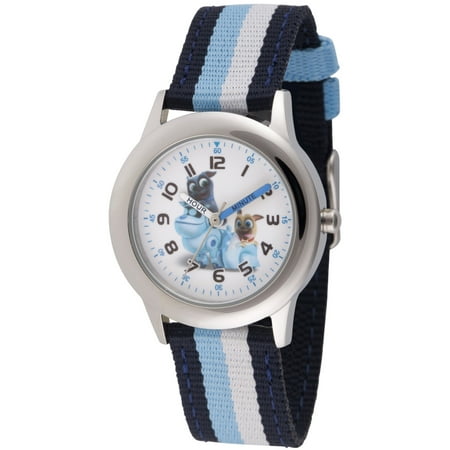 Disney Puppy Dog Pals Rolly, Bingo and A.R.F. Stainless Steel Time Teacher Watch, Blue and Black Stripe Nylon Strap