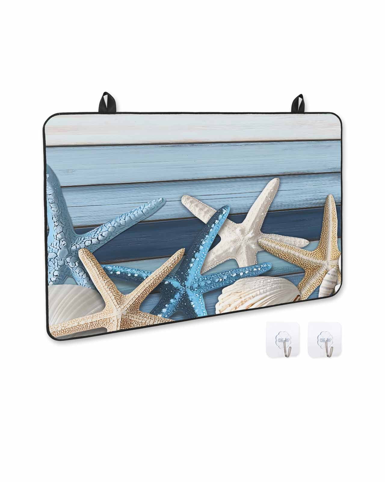 nqOlkjepod Large Induction Cooktop Protector Mat 24"x21", Coastal Starfish Stove Top Covers for Electric Stove, Blue Wooden Grain Seashells Country Stove Burner Cover Mats, Glass Top Stove Cover