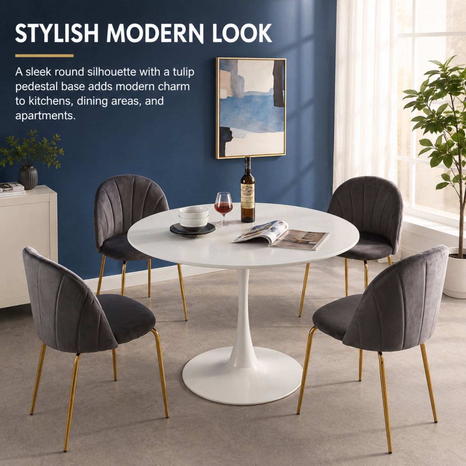 Miniyam 42" Round Pedestal Dining Table for 4-6, Small Kitchen Table with Wood Top, White