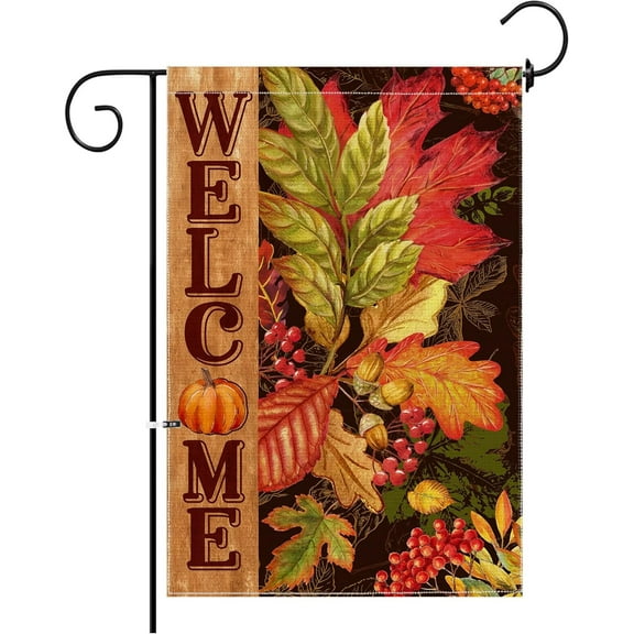 Fall Garden Flag, Welcome Fall Maple Leaves Garden Flags 12x18 Double Sided, Autumn Yard Flag Burlap Fall Thanksgiving Decorations for Home Indoor Outdoor Outside Porch Patio Garden