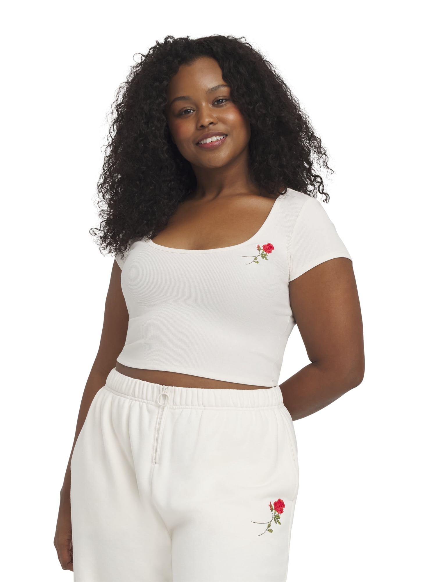 Mills by Millie Bobby Brown Women's Embroidery Ribbed Short Sleeve Crop T-Shirt, Sizes XXS-XXL