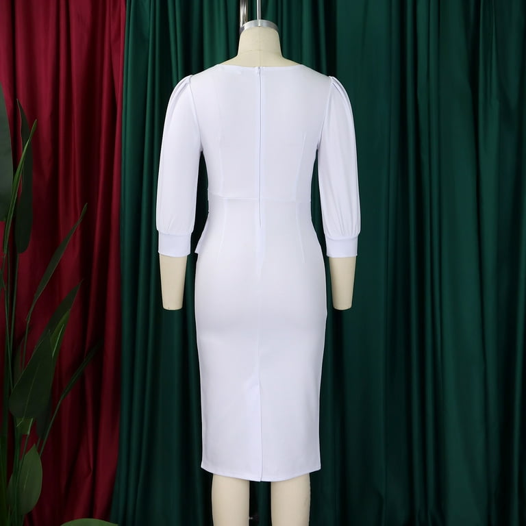 Zoelnic Women's Bodycon Pencil Dress Round Neck 3/4 Sleeve Peplum Wear To Work Office Dress, M, Size: Medium, White