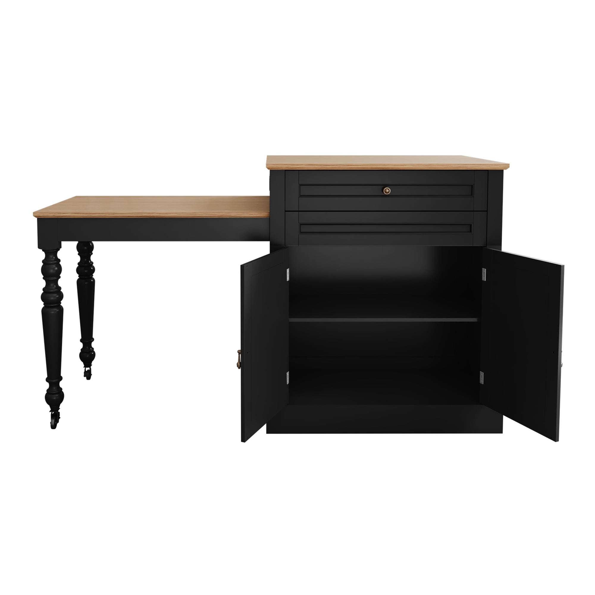 HLR 78.74" Mid-Century Extendable Kitchen Islands on Wheels with Roman column legs, Dining Table Cart with Storage, Black