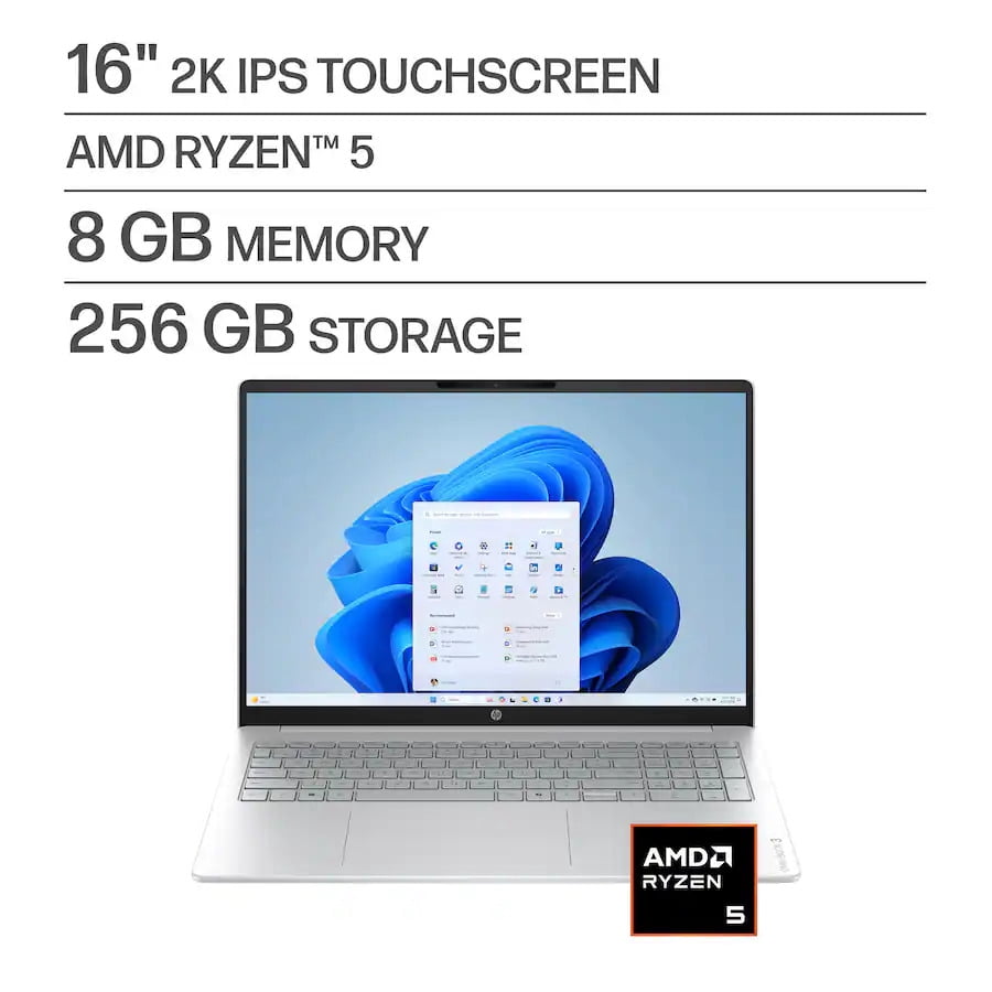 HP OmniBook 3 16" 2K Touchscreen Laptop, AMD Ryzen 5 40, Copilot AI, 8GB DDR5 RAM, 256GB SSD, AMD Radeon 610M, Windows 11 Home, Glacier Silver,