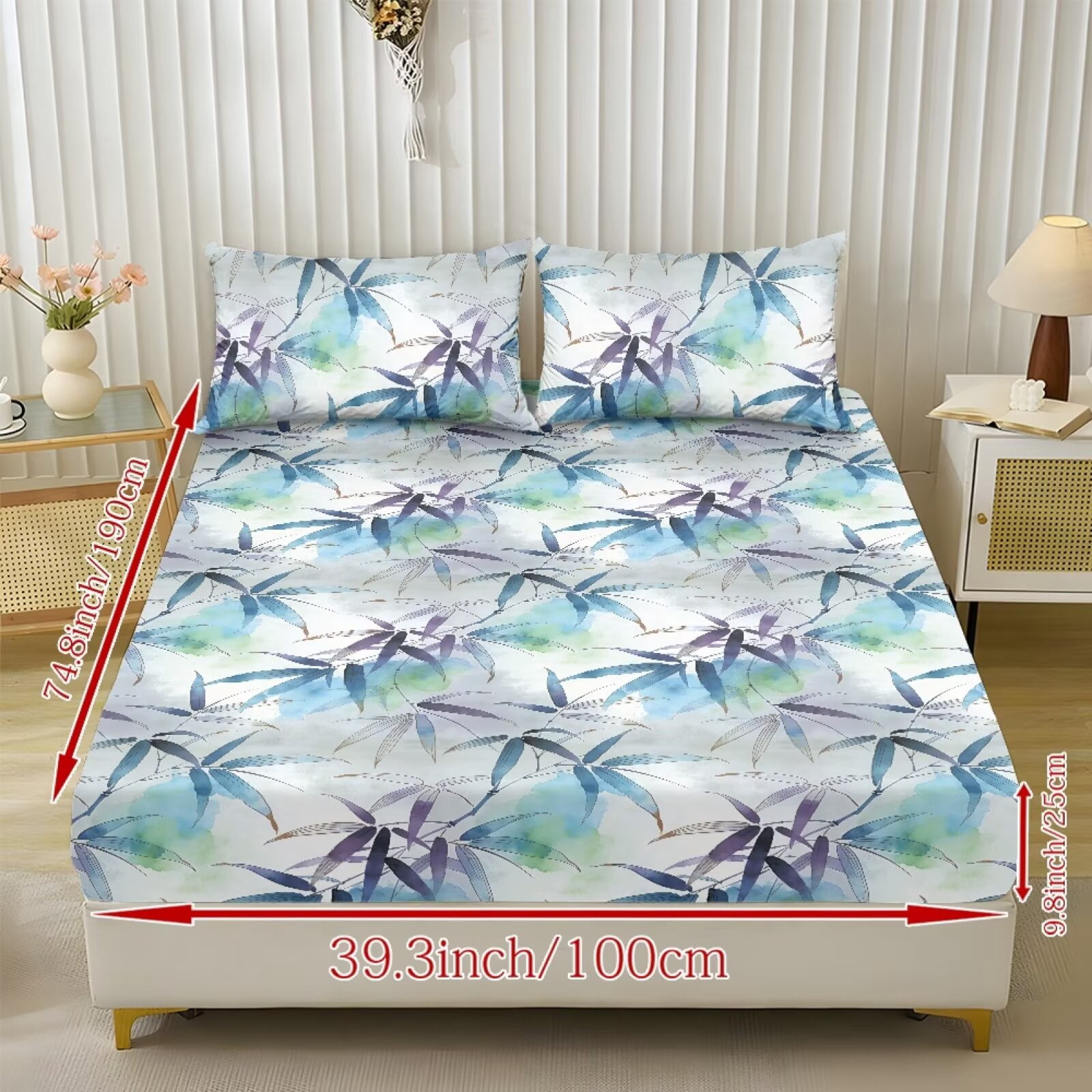 ZIATUBLES King Size Sheet Set, Breathable Durable Cooling Decor Bedding for Bedroom, 3 Pcs Bed Sheets Set - 1 Fitted Sheet, 2 Pillowcases (Oriental Bamboo Leaf Pattern)