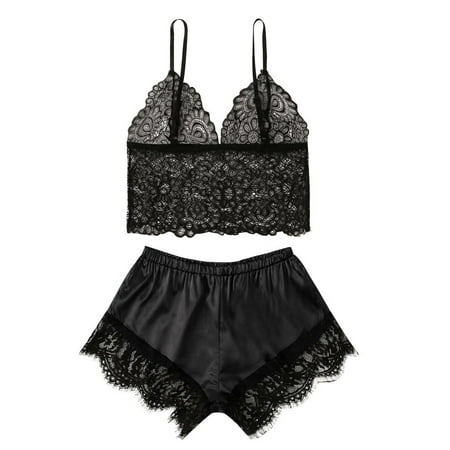 

Knosfe Women Two Piece Lace Pajamas Set Cami Crop Top Shorts Set Satin Eyelash L