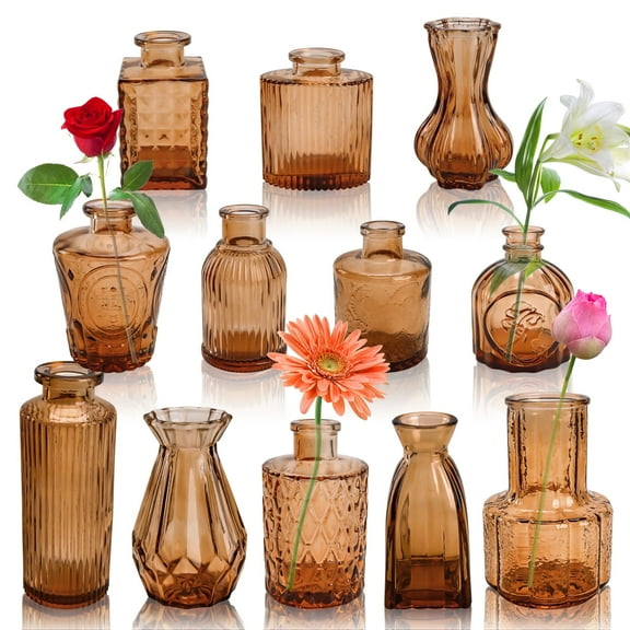 Set of 12 Small Vintage Gold Amber Glass Bud Vases