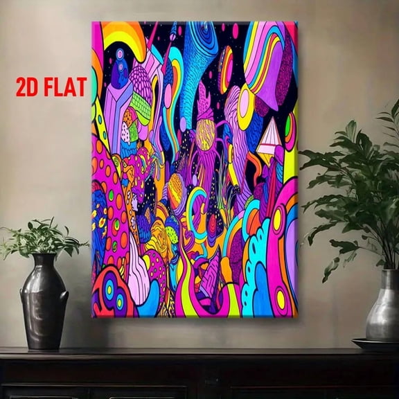 Modern Abstract Wall Art Painting - Vibrant Multicolor Canvas Print with Neon Glow Effect, Psychedelic 60s/70s Retro Design in Pink
