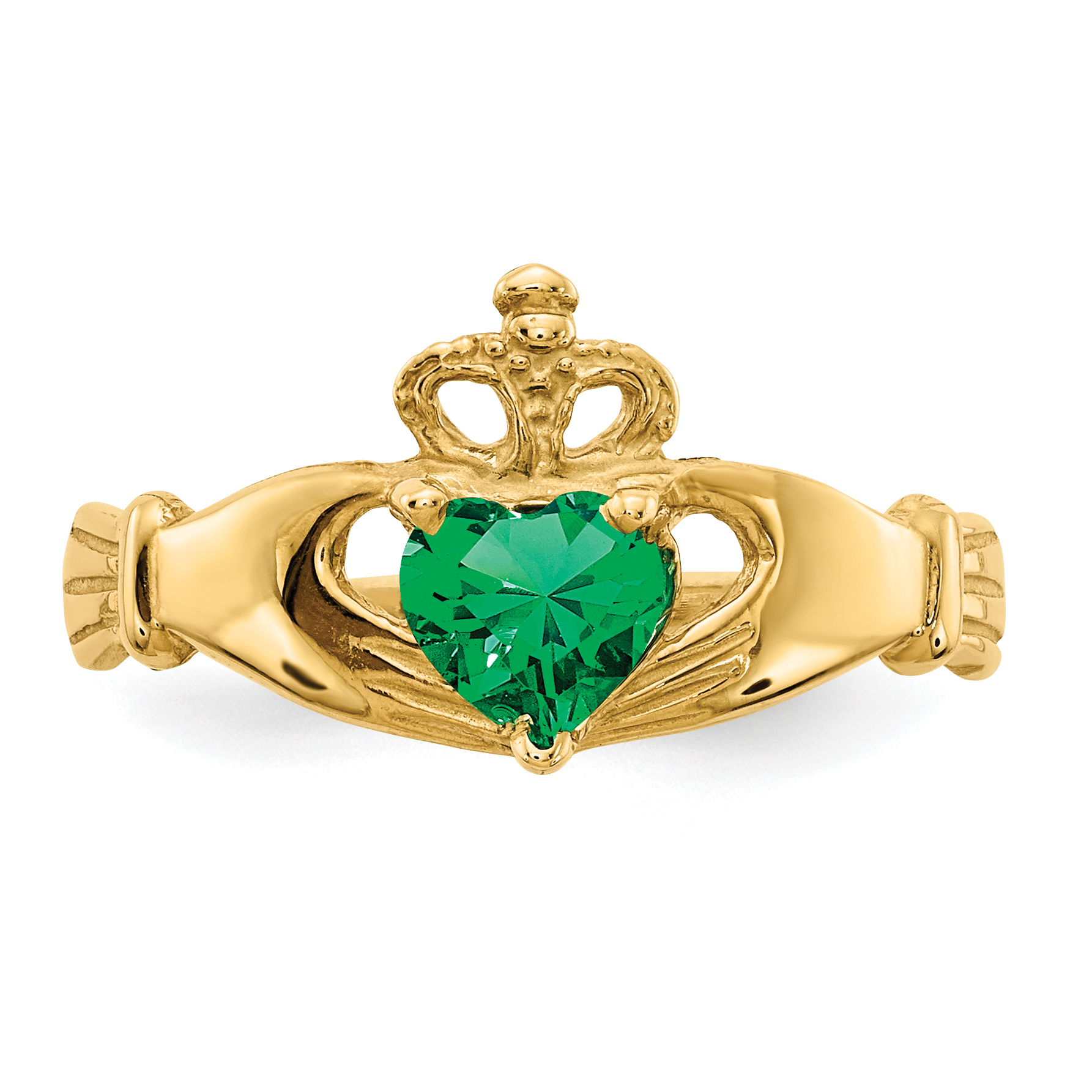 10k or 14k Two Tone Gold Claddagh Simulated Heart Emerald May Birthstone Ring