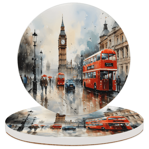 Qzaxky Round Coasters Set of 2, London Street Absorbent Ceramic Coaster with Cork Base, Bar Coasters for Qzaxky Drinks Coffee Mugs Tea Cups Wine Glasses Home Decor Gifts (4 inches)