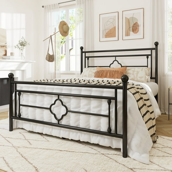 Allewie Queen Size Metal Platform Bed Frame with Victorian Vintage Headboard and Footboard, Black