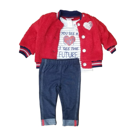 Infant Girls Red Furry Varsity Jacket Navy Leggings 3pc Baby Outfit Set 18M