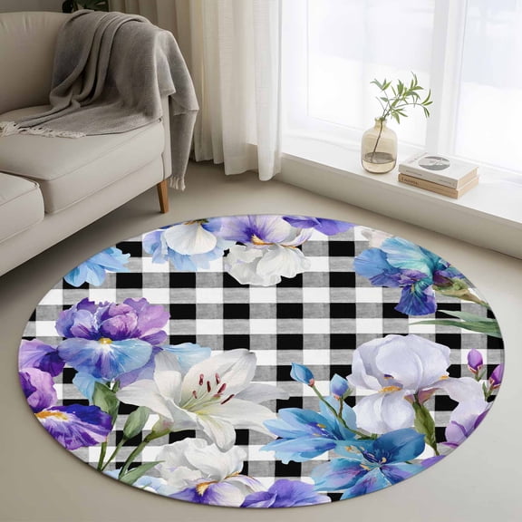 Round Rug 3.3Ft Washable Non-Slip, Spring Flowers Circle Area Rugs for Living Room Bedroom, Watercolor Blossom Floral Black Plaid Indoor Floor Mats Carpet Runner for Home Decor Aesthetic