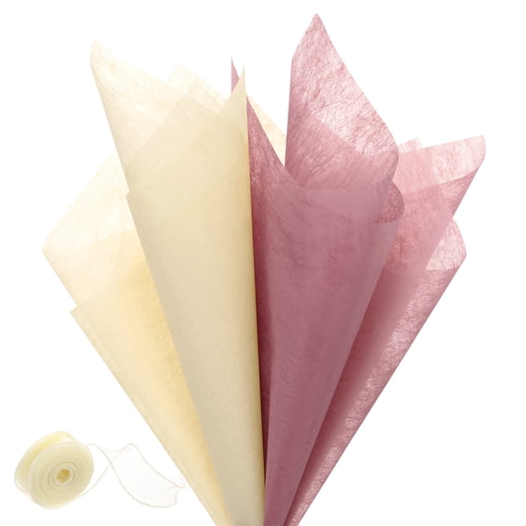Uxcell 76 Sheets Korean Cotton Flower Wrapping Paper with Ribbon, 12" Milk Cotton Waterproof for Bouquets/Gift Packaging [Light Beige, Light Rose]