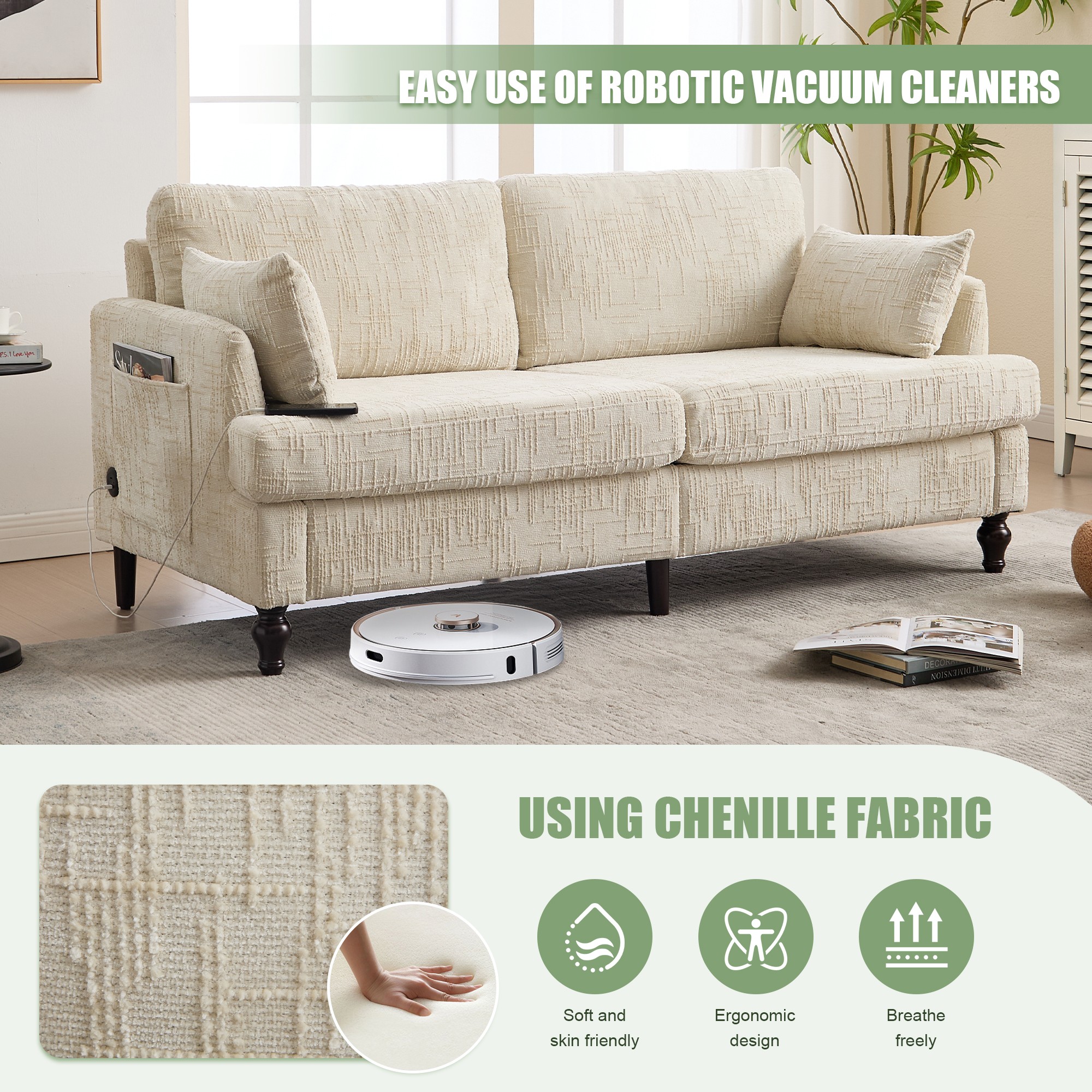 68.9" Sofa Couch,Modern 2 Seater Upholstered Loveseat Sofa Couch with LED light&USB for Living Room,Bedroom,Beige