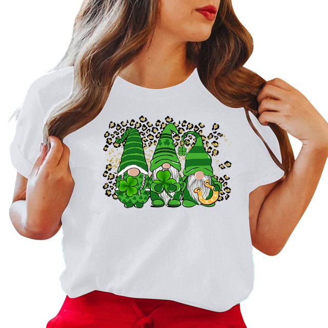 LSLJS Col Rond Imprimé Trèfle de Saint Patrick Manches Courtes Décontracté Ample Manches Courtes Col Rond Haut/chemise, Cadeaux pour Femmes