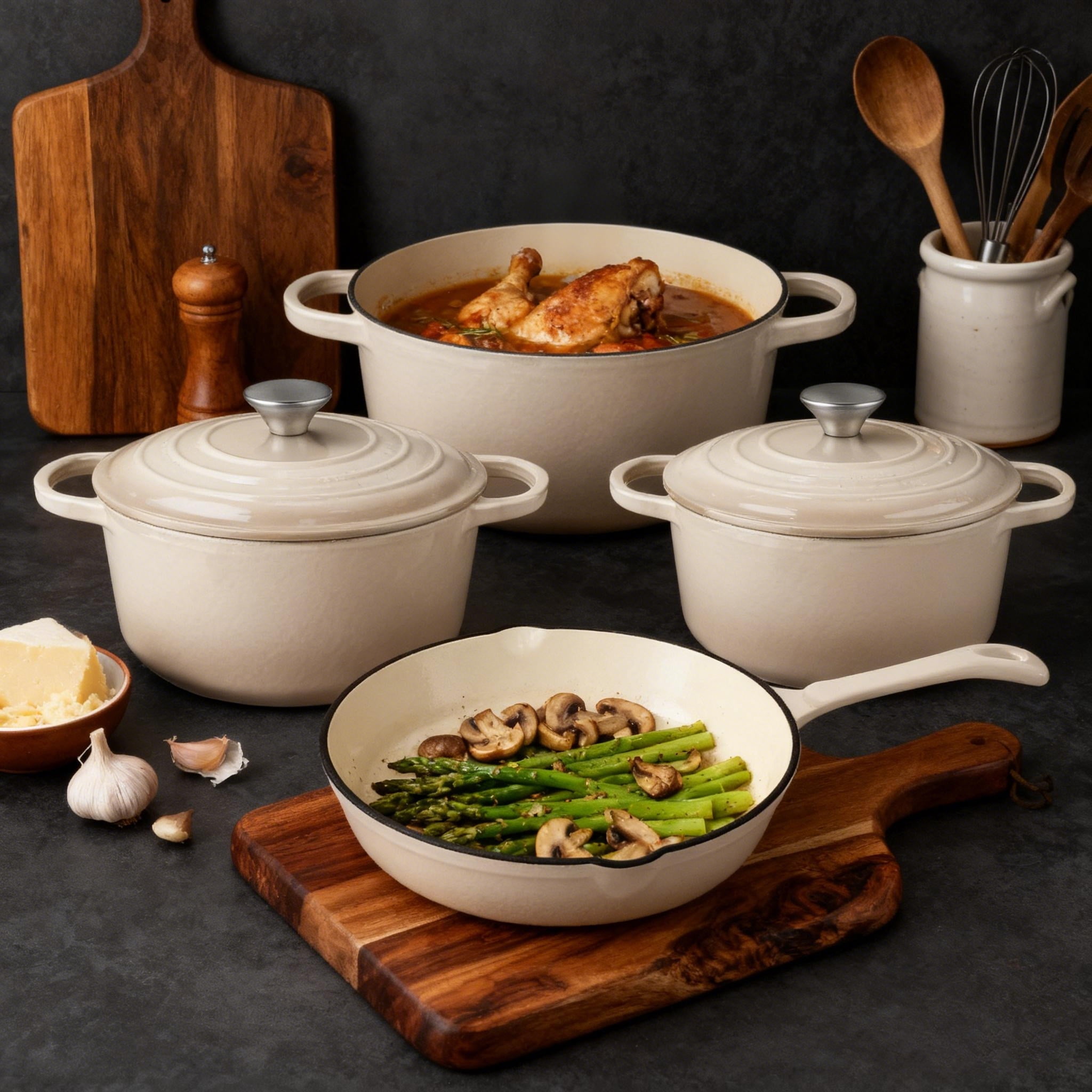 CAANNASWEIS 7 Piece Cast Iron Cookware Set, Pre-Seasoned Heavy Duty Pots and Pans Collection for Home Kitchen, Induction Compatible