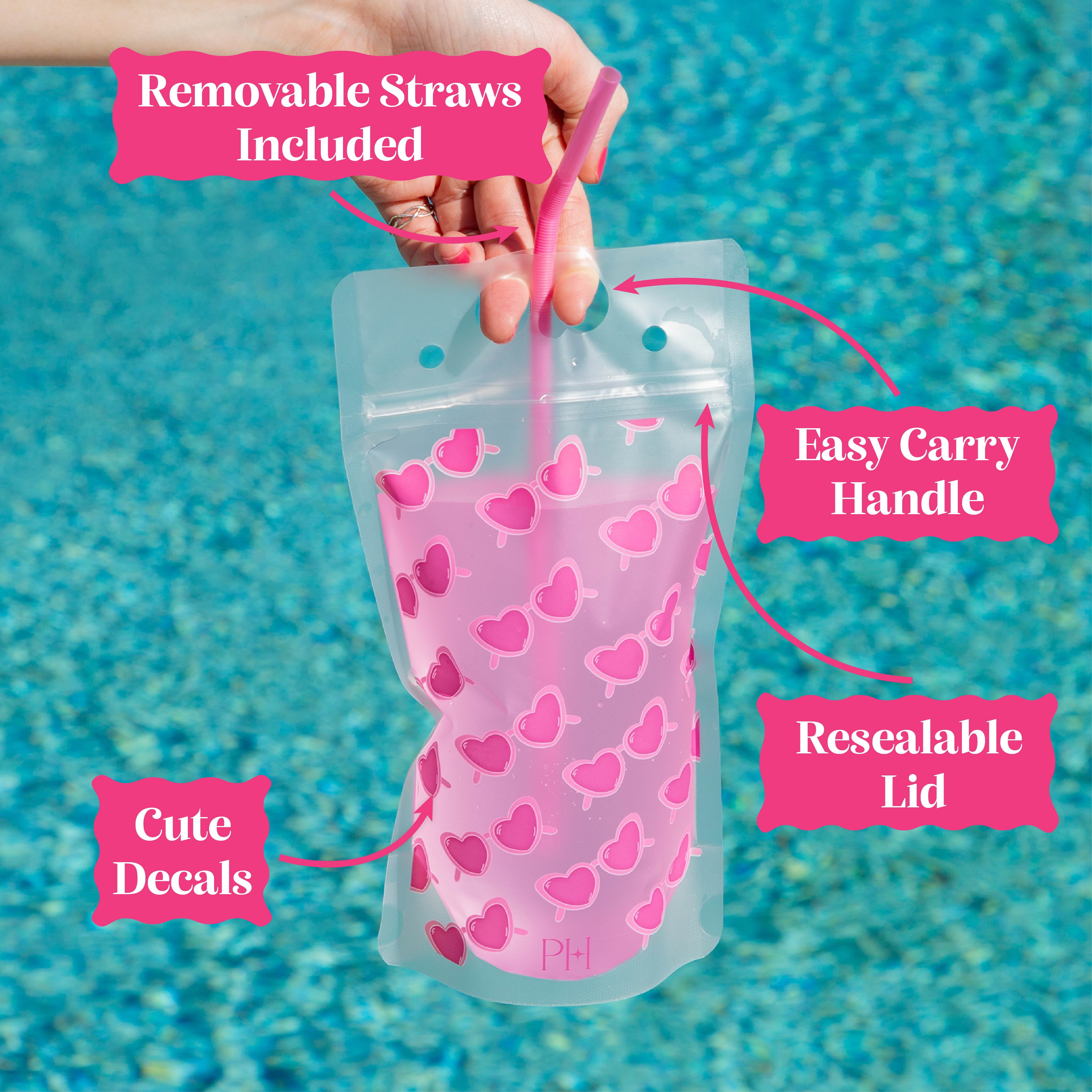 Paris Hilton 16-Ounce Reusable Drink Pouch Set with Straws, Vacay Mode, 8 Pack
