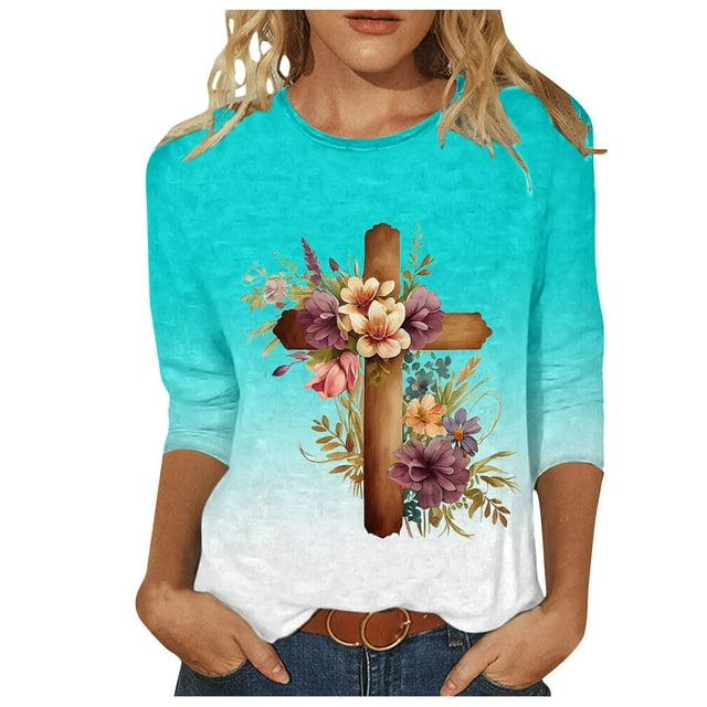 Hauts pour Femmes Imprimés Col Rond Pâques T-Shirt à Manches 3/4 Imprimé Col Rond Chandail Haut,T-Shirts pour Femmes,Hauts de Pâques pour Femmes,Chandails pour Femmes