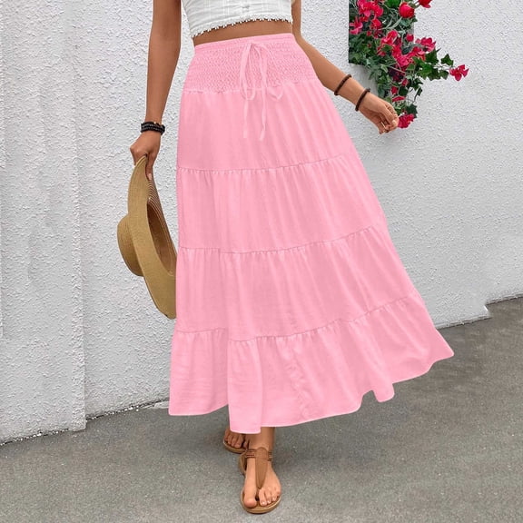 Gamivast Maxi Skirts for Women High Waisted Smocked Elastic Waist Drawstring Tiered Ruffle Flowy Skirt Casual Loose Boho Long Pleated Skirt Beachwear