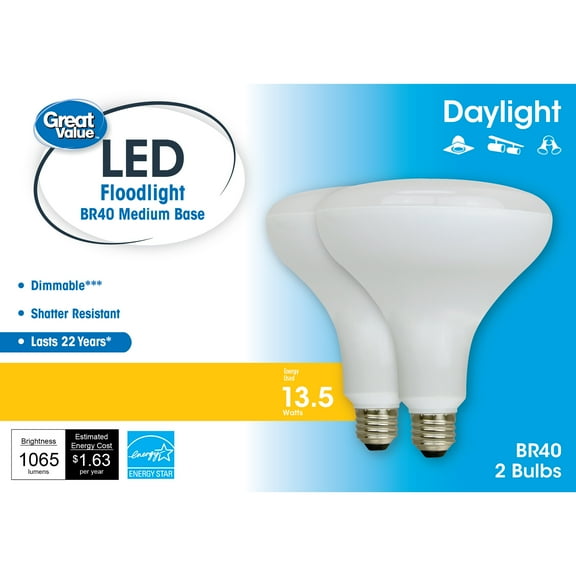 Great Value LED Light Bulb, 14 Watts (85W Equivalent) BR40 Floodlight Lamp E26 Medium Base, Dimmable, Daylight, 2-Pack