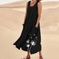 thumbnail image 2 of Robes Grande Taille pour Femmes Col Ras du Cou Sans Manches Robe Fluide Été Décontractée Légère Plage Robes Midi Tendance Robe en Lin Imprimée avec Poches Robe Noire, Taille P-5TG, 2 of 6