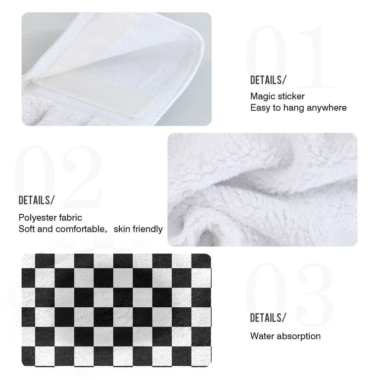 Black and White with Checkered 2pcs Bathroom Hanging Towels Soft Hand Towel with Velcro Dish Towel Absorbent Tie Towels for Kitchen Toilet Tea Bar