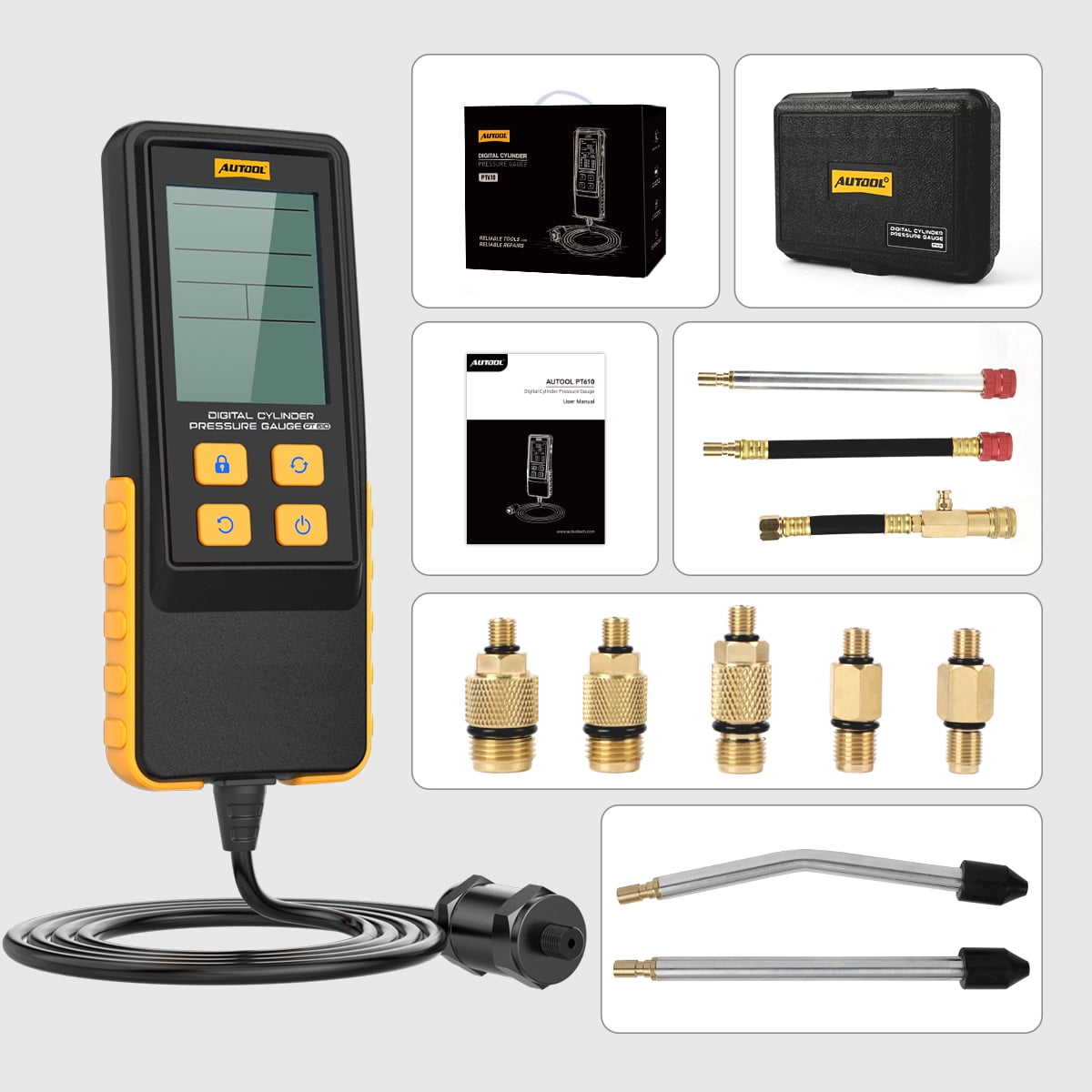 AUTOOL PT610 Digital Cylinder Compression Pressure Tester, 0-426PSI 0~29bar Auto Petrol Engine Gauge Tool Kit with Adapters & Hoses