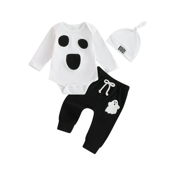 Baby Toddler Boys Halloween 3PCS Clothing Sets 0 3 6 12 Months Long Sleeve Ghost Embroidery Romper Drawstring Pants Hat Outfits
