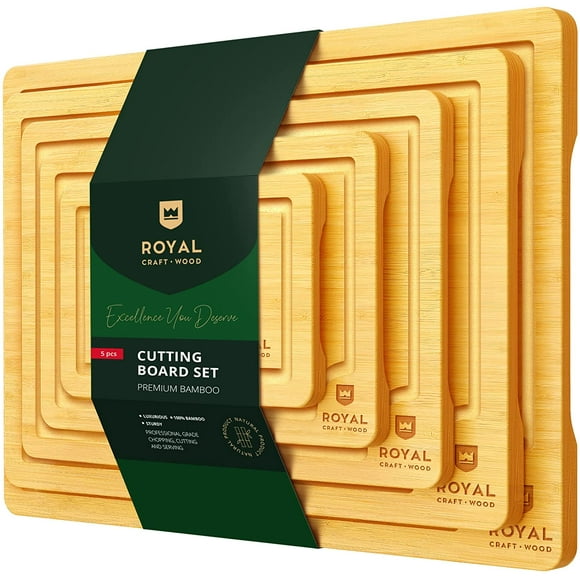 Organic Bamboo Cutting Board with Juice Groove (5-Piece Set) - Kitchen Chopping Board for Meat (Butcher Block) Cheese and Vegetables | Anti Microbial Heavy Duty Serving Tray w/Handles (5-Piece)