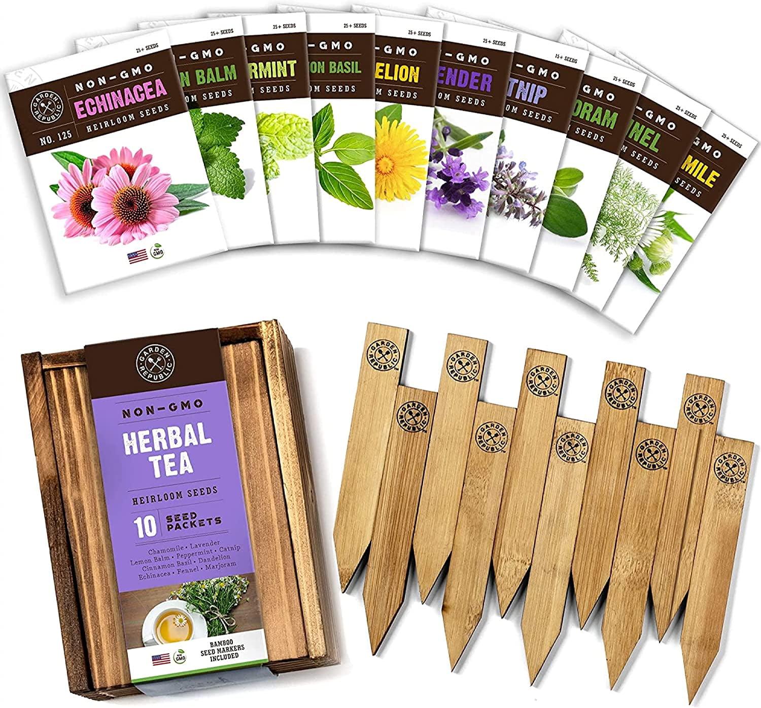 Herb Garden Seeds for Planting - 10 Medicinal Herbs Seed Packets Non GMO, Wood Gift Box, Plant Markers - Herbal Tea Gifts for Tea Lovers, Herb Growing Kit Indoor Garden Starter Kit