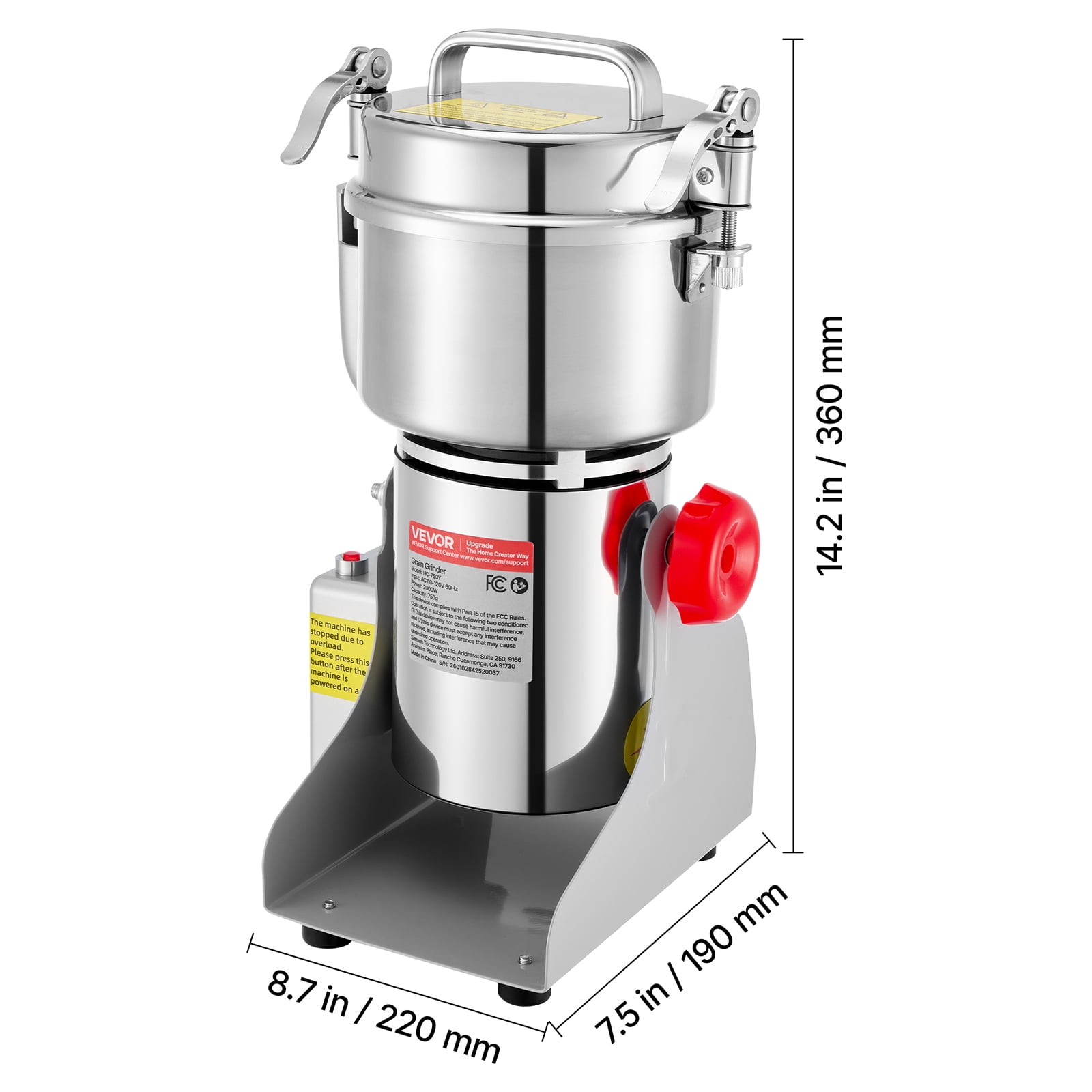 VEVOR 750g Electric Grain Mill Grinder, 2000W 28000RPM High Speed Spice Corn Dry Grinding Machine,Stainless Steel Pulverizer Powder Machine for Dried Grains Coffee Beans Spices Nuts (270° Swing Type)